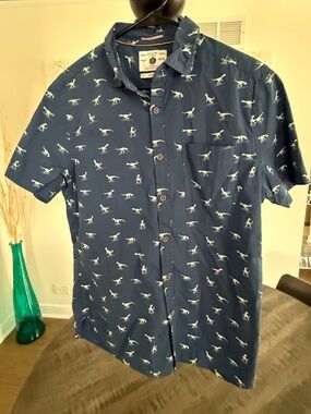 Men's Navy Short Sleeve Button-Front Tank Top with Dino Print